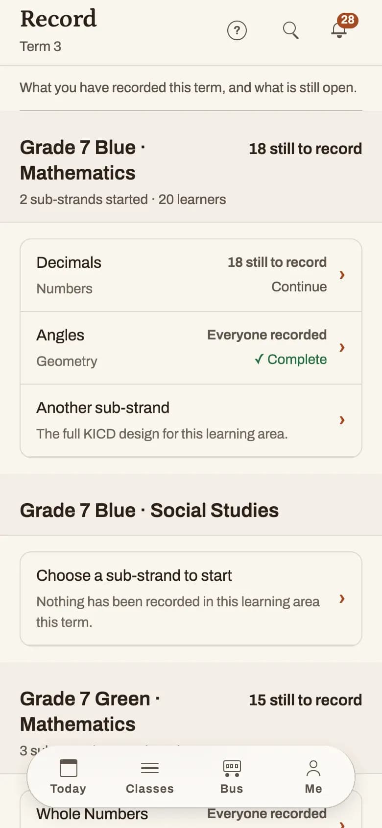 Skuli teacher record screen showing open sub-strands for a learning area.